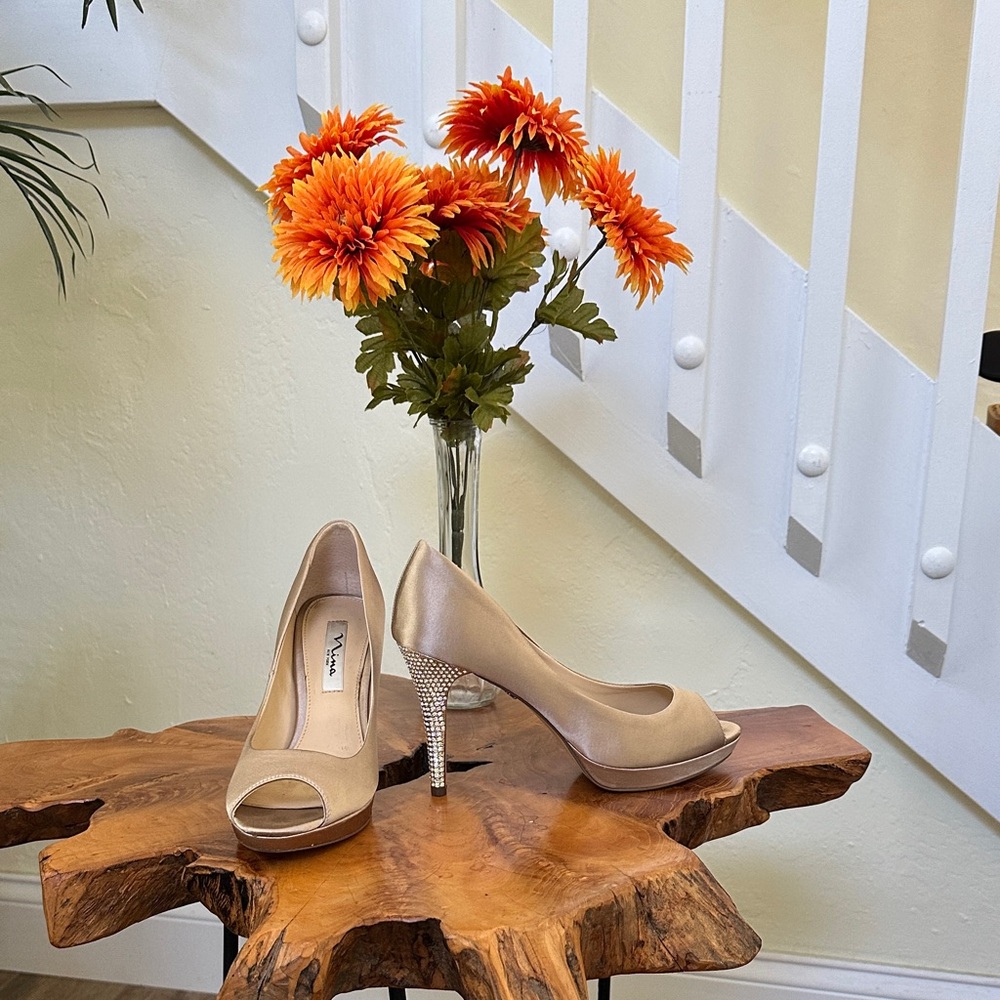Nina Gold Peep-Toe Heels with Rhinestone Detail